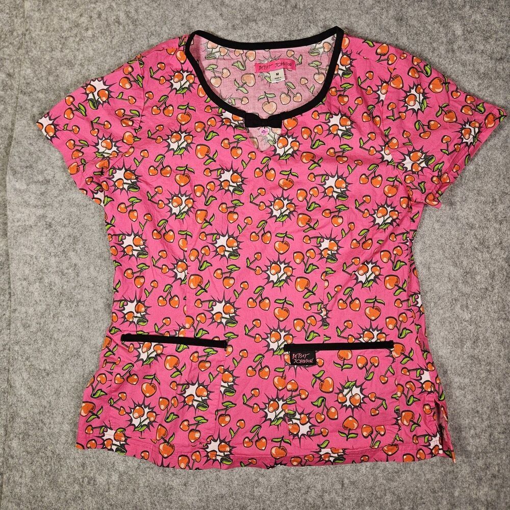 Betsey Johnson Womens Cherry Hearts Nurse Medical Professional Scrub‎ Top Size M